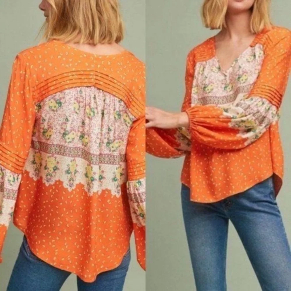 Anthropologie Maeve Ceresco Orange Floral Peasant Blouse NEW - Picture 2 of 10